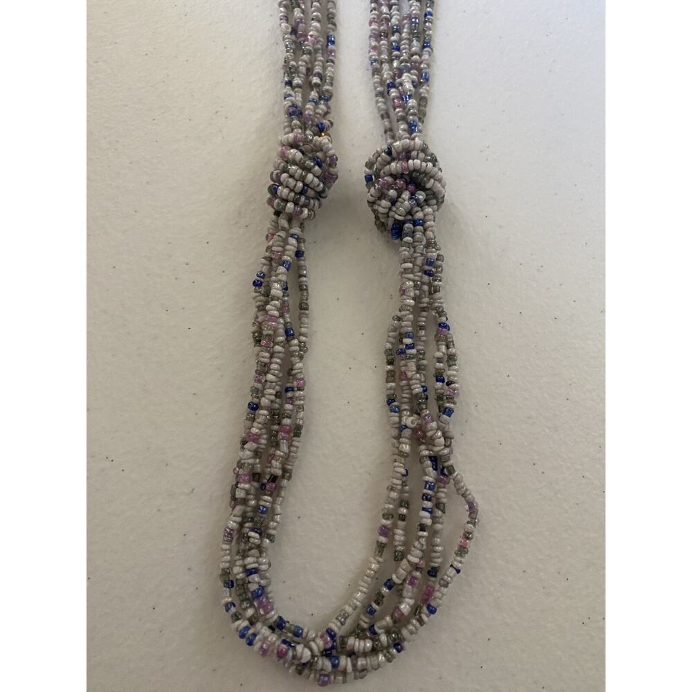 Beaded Necklace With Knots 6 Strand Blue Pink Ivory And Grey 35 Inchs